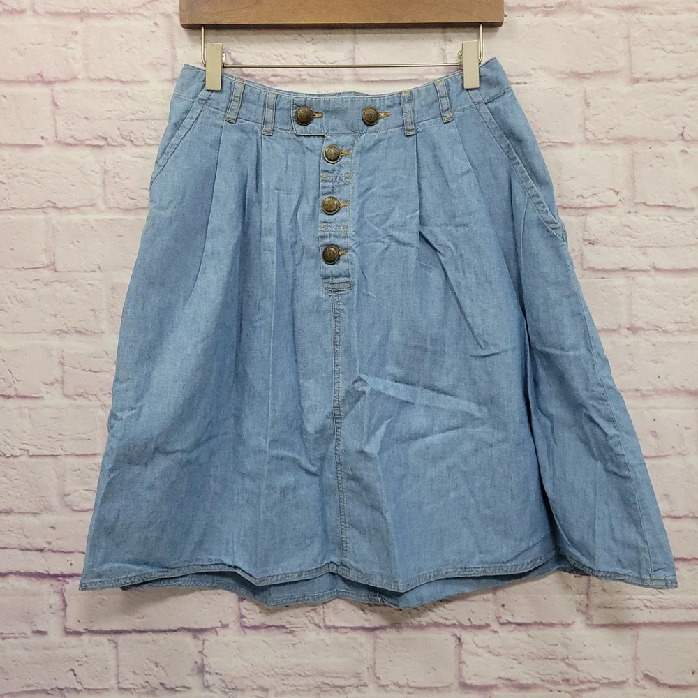 Mango Jeans Denim Pleated Button Midi Skirt 6 100% Cotton Pocket Y2K Indie Retro